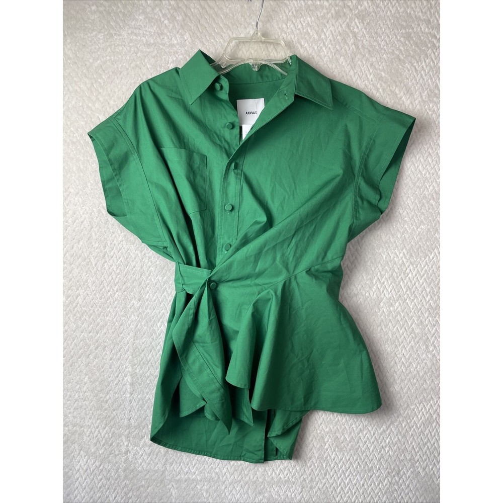 AKNVAS Stella Twist Front Poplin Top Green Women's Size Small Asymmetric Wrap